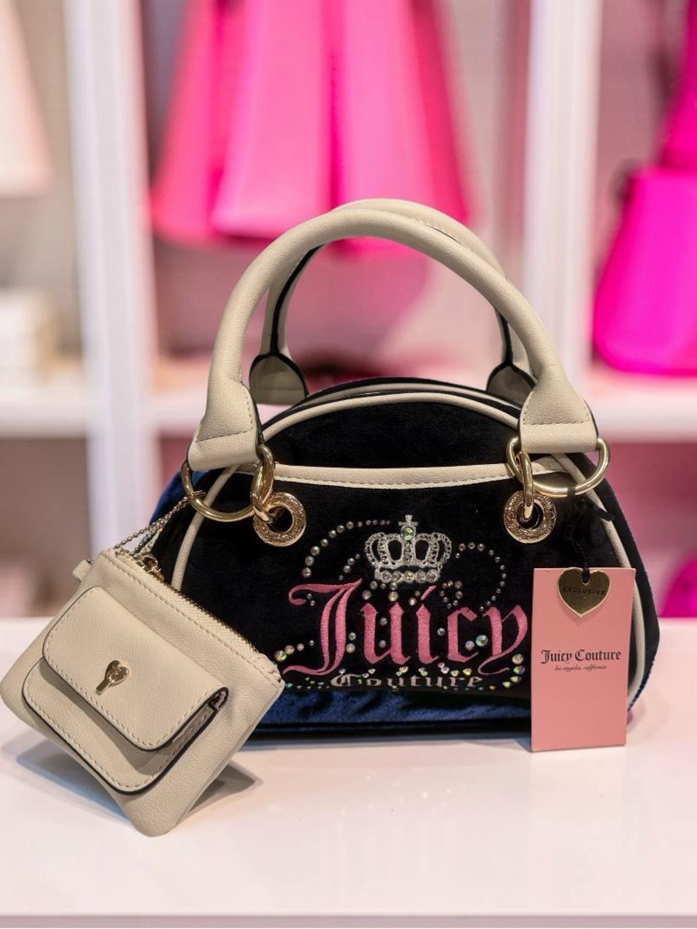 Juicy Couture NWT Classic Juicy Black Velour & Cream Satchel with Pink Logo P239